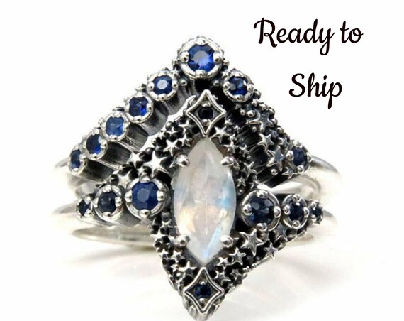 Ready to Ship Size 6 - 8 Marquise Moonstone and Sapphire Stardust Engagement Ring Set - Silver Silver