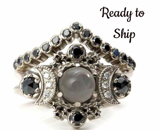 Ready to Ship Size 6 - 8 Cosmos Gray Moonstone Engagement Ring Set - Black & White Diamonds Boho 14k Gold Stacking Wedding Rings