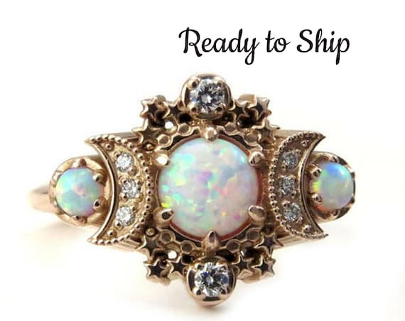 Ready to Ship Size 6-8 Lab Opal Cosmos Moon Engagement Ring - Rose Gold Celestial 3 Stone Diamond Ring