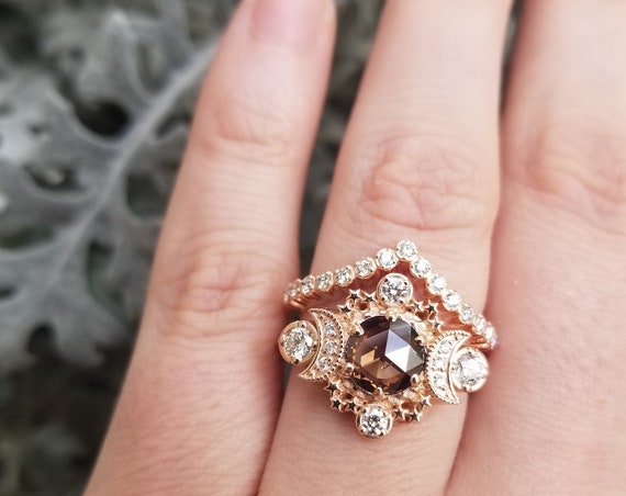 Ready to Ship Size 6 - 8 - Rose Cut Champagne Diamond Cosmos Engagement Ring with White Diamonds - 14k Rose Gold - OOAK