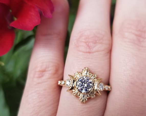 Ready to Ship Size 5.5 - 7.5 - Moissanite & Diamond Moon Fire Celestial Engagement Ring - 14k Yellow Gold