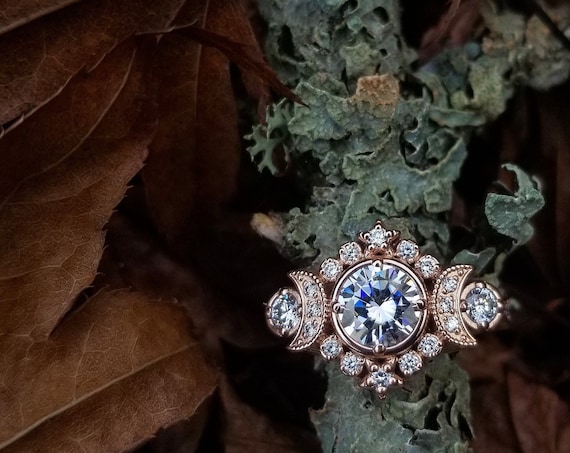 Selene Triple Moon Goddess Engagement Ring - Moissanite or Galaxy Diamond Lunar Boho Wedding Ring -14k Rose Gold