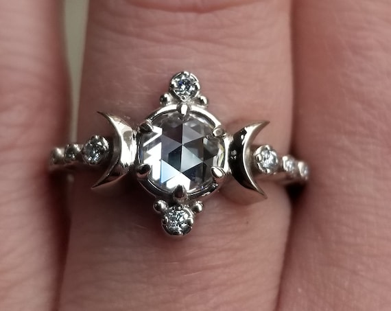 Rose Cut Moissanite Compass Moon Engagement Ring - Nature Inspired Jewelry