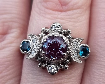 Lab Alexandrite Engagement Ring with London Blue Topaz Cosmos Gothic Celestial - 14k Palladium Gold - Cosmic Bohemian Jewelry