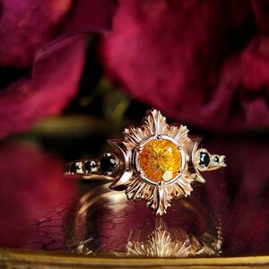 Spessartite Garnet Moon Fire Engagement Ring Orange Gemstone & Black Diamonds Gothic Fairytale Wedding Jewelry