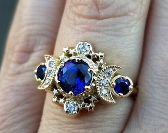 Blue Lab Sapphire Cosmos Triple Moon Engagement Ring - 14k Yellow Gold and Natural Diamonds Celestial Bohemian Fantasy Jewelry