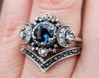 Ready to Ship Size 6 - 8 - London Blue Topaz Cosmos Crescent Moon Engagement Ring Set & Stardust Chevron Wedding Band Gray Diamonds Sterling