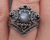 Grey Moonstone Silver Cosmos Moon Engagement Ring Set - Bohemian Stacking Wedding Rings
