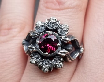 Gothic Snake and Crescent Moon Engagement Ring - Rhodolite Garnet and Silver Galaxy Diamonds