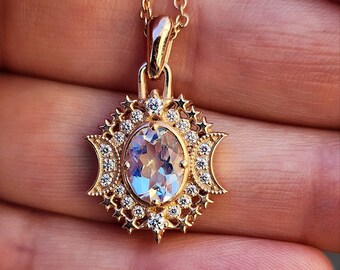 Oval Moonstone 14k Gold Pendant Moon Serena Triple Goddess Necklace with Diamonds Celestial Goth Fantasy Jewelry