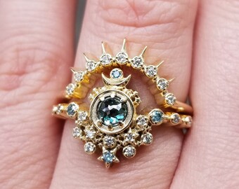 Ready to Ship Size 6 - 8 - Rose Cut Blue Diamond Moon Witch Engagement Ring Set with Sunray - 14k Yellow Gold Gothic Unique Handmade Jewelry