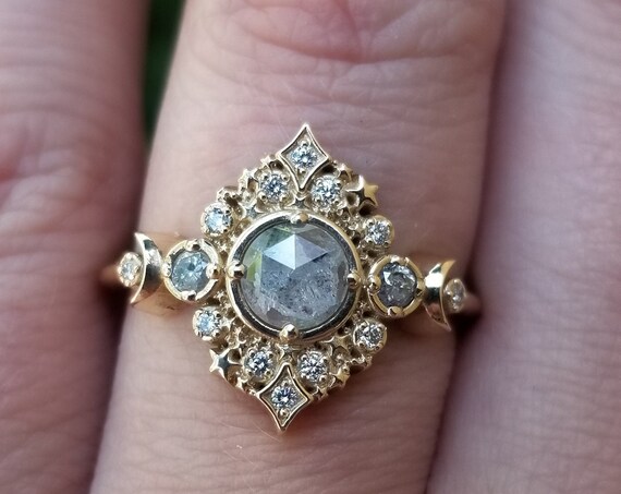 Galaxie Lunar Engagement Ring - 14k Gold - Pick your Salt & Pepper Diamond - Boho Moon Wedding Ring