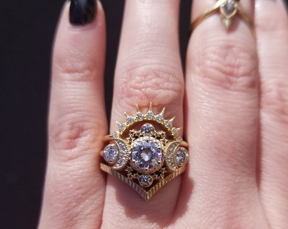 Cosmos Moon Ring Set Unique Engagement Rings- Moissanite or Diamonds Gold Wedding Rings