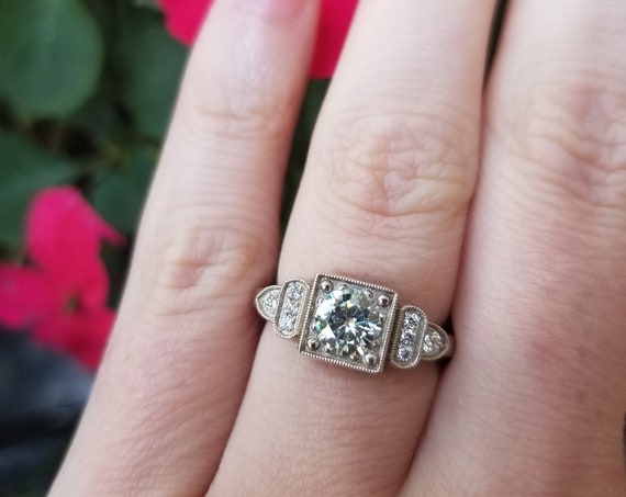 Art Deco Moissanite and Diamond Engagement Ring - Geometric 14k Palladium White Gold Diamond Engagement Ring