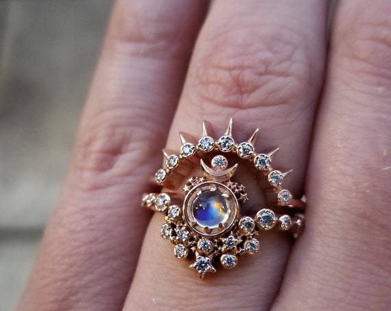 Moon Witch Engagement Ring Set - Moonstone and Diamonds with Sunray Diamond Wedding Band