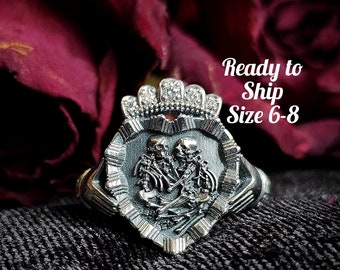 Sterling Silver Diamond Claddagh Ring Crown & Hands Game of Bones - Lovers of Valdaro Victorian Memento Mori Skeleton Ready to Ship Size 6-8