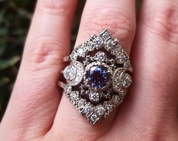 Cosmos Lunar Engagement Ring Set - Chatham Alexandrite & Diamonds Moon and Stars Wedding Set