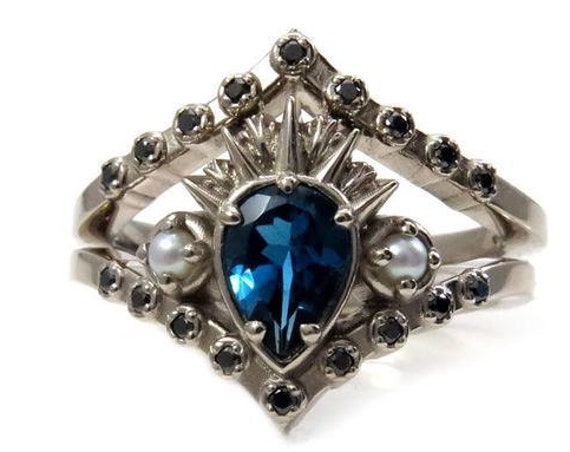 Sea Witch Engagement Ring Set - Ursula - London Blue Topaz with Seed Pearls and Black Diamonds