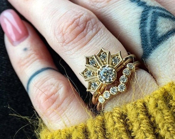 Modern Art Deco Engagement Ring Set - Crown Ring with Moissanite and Diamonds Chevron Diamond Wedding Band