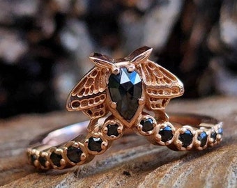 Goth Moth Black Diamond Chevron Ring - Rose Cut Black Diamond Pear - 14k Rose Gold - Stacking Diamond Wedding Band Nature Inspired