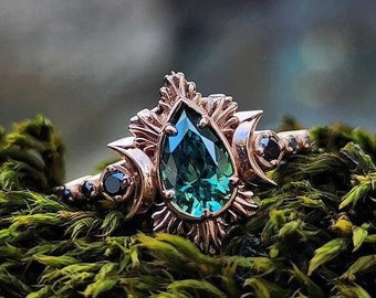 Green Pear Moissanite Engagement Ring, Triple Moon Fire, Black Diamonds 14k Rose Gold Lunar Celestial Gothic Unusual Wedding Ring