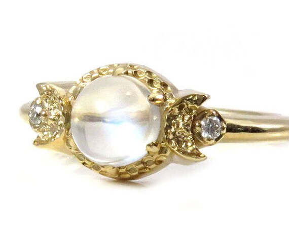 Moonstone and Diamond Crescent Moon Engagement Ring - 14k Yellow Gold