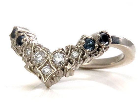 Ready to Ship Size 6 - 8 - Ombre Black & White Diamond with London BLue Topaz Stardust Chevron Wedding Band - 14k Palladium White Gold