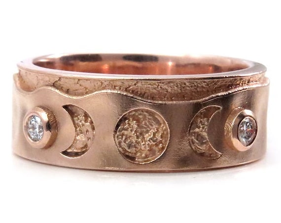 Mens Rose Gold and Diamond Triple Moon Wedding Band - Moon Phase Engagement Ring