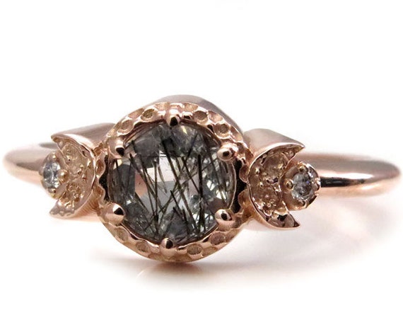 Tourmalated Quartz Moon Goddess Engagement Ring - Rose Gold with Icey Diamonds