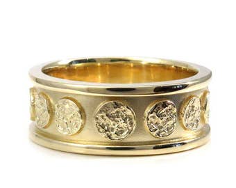 Mens Yellow Gold Moon Wedding Band - Modern Celestial 8mm Wide Engagement Ring