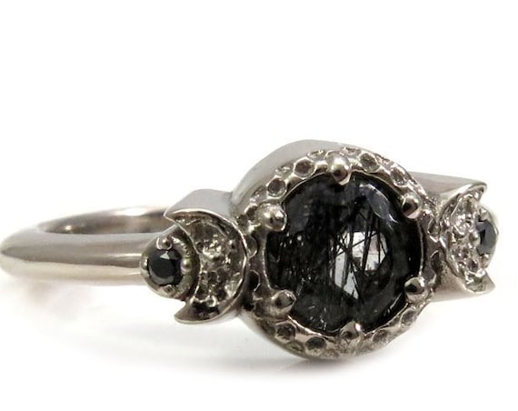 Moon Phase Engagement Ring with Rutile Quartz and Black Diamonds - 14k Palladium White Gold Gothic Jewelry
