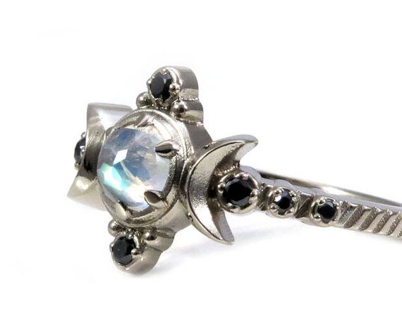 Compass Moon Engagement Ring - Rose Cut Labradorite or Rainbow Moonstone with Black Diamonds