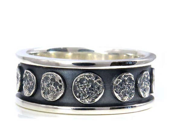 Moon Phase Sterling Silver Band - Lunar Mens Engagement Ring