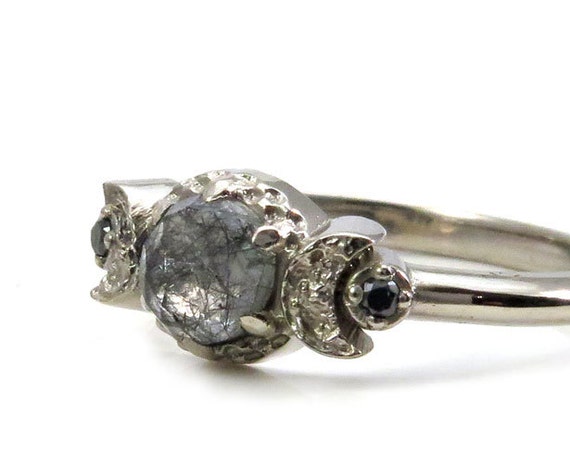 Black Rutile Quartz Crescent Moon Engagement Ring - 14k Palladium White Gold with Black Diamonds with