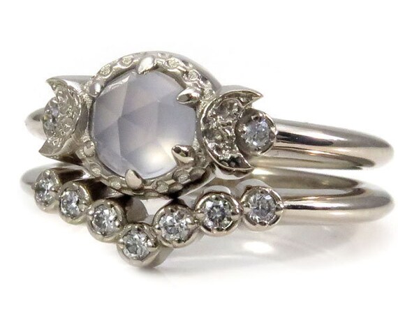 Rose Cut Blue Chalcedony and Diamond Crescent Moon Engagement Ring Set - Boho Modern Ring Set