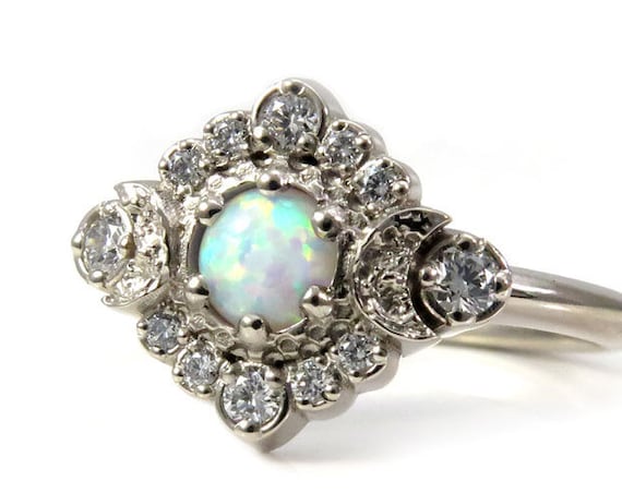Lab Opal Moon Halo Engagement Ring - White Diamonds in 14k Palladium White Gold
