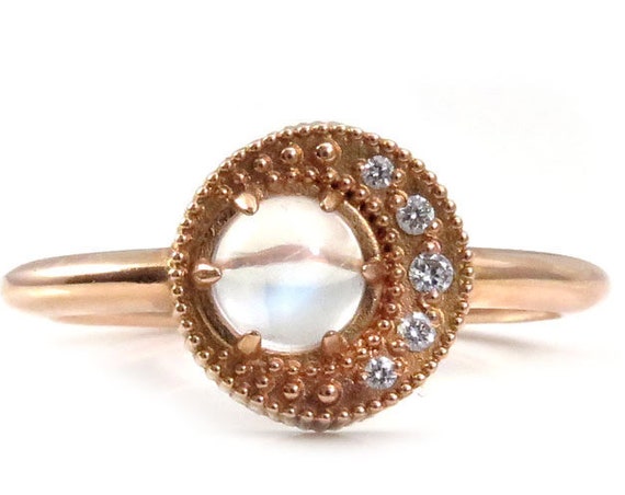 Ready to Ship Size 6-8 - Mini Moon Ring - Moonstone with a Diamond Crescent Moon - Delicate Rose Gold Engagement Ring
