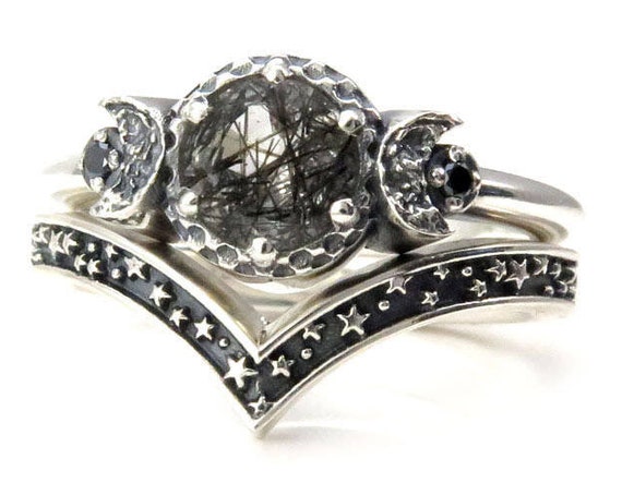 Tourmalated Quartz Moon and Stars Silver Engagement Ring Set with Black Diamonds