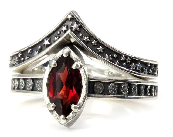 LAST ONE - Size 6 - 7.5 - Sterling Silver Garnet Moon and Stars Engagement Ring Set - Pick your Center Stone
