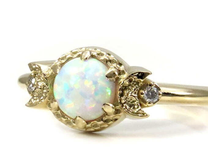 Lab Opal Moon Ring - Triple Moon Goddess Engagement Ring - Pick Your Side Stones