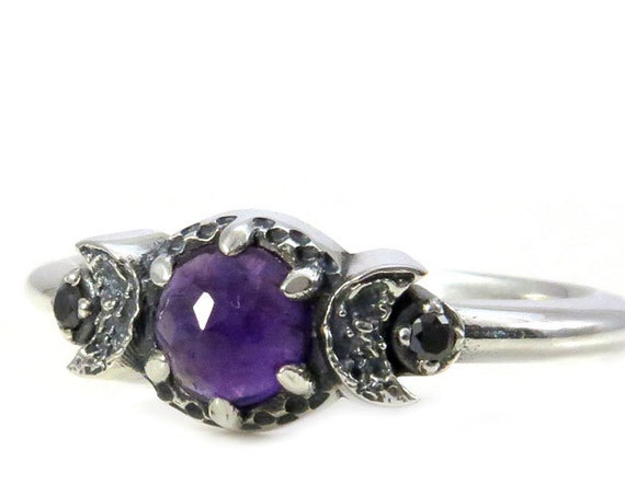 Amethyst Triple Moon Goddess Sterling Silver Moon Ring with Black Diamonds and Crescent Moons