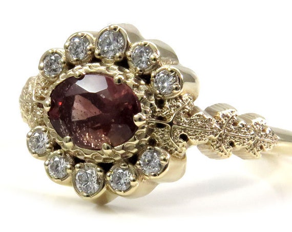 POISON PLANT - Oregon Sunstone Oval & Diamond Halo Ring with Poison Leaves - Ready to Ship - Size 6 - 8