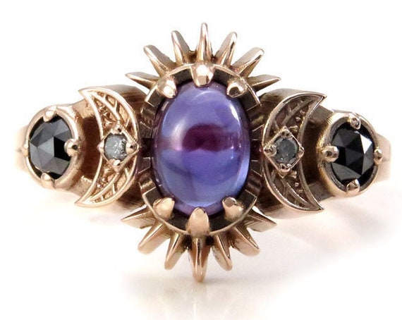 Oval Lab Alexandrite Frigg with Salt & Pepper and Black Diamonds - Engagement Ring with Crescent Moons and Split Shank