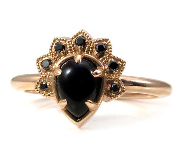 Black Lace Pear and Black Diamond Modern Crown Ring - Rose, Yellow or White Gold Engagement Ring