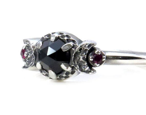 Gothic Victorian Ruby and Black Spinel Moon Goddess Engagement Ring - Sterling Silver