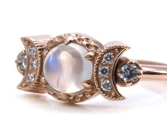 Moonstone Engagement Ring with Diamond Crescent Moons - Celestial Moon Phase Rose Gold Ring