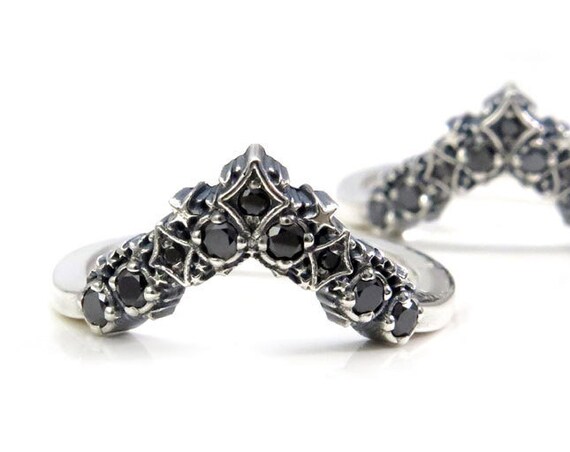 Black Diamond Stardust Chevron Wedding Band - Sterling Silver Boho Stacking Ring