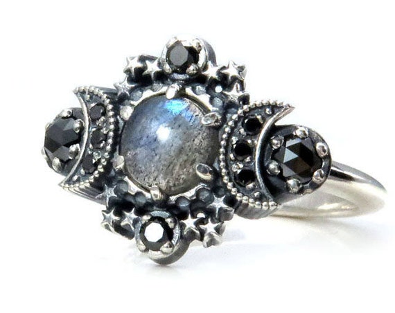 Labradorite Cosmos Moon and Star Ring - Sterling Silver with Black Diamonds