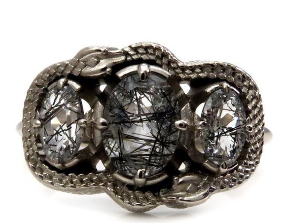 Double Ouroboros Rutile Quartz 3 Stone Oval Gothic Engagement Ring - 14k Gold