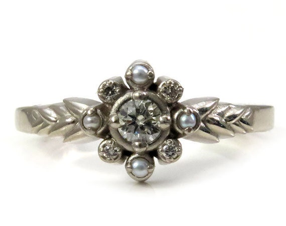Light Champagne Diamond Engagement Ring - Sweetgrass Botanical Jewelry with Grey Seed Pearls